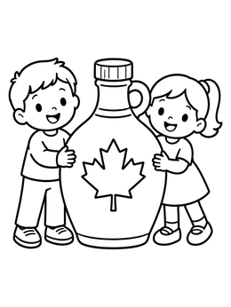 Free printable Happy Kids With Giant Maple Syrup Jug coloring page