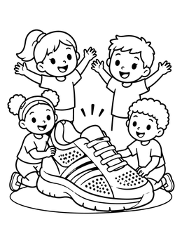 Free printable Happy Kids Around Giant Tennis Shoe coloring page
