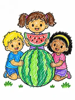 Watermelon Letters Patterned Happy Kids With Giant Watermelon Coloring Page