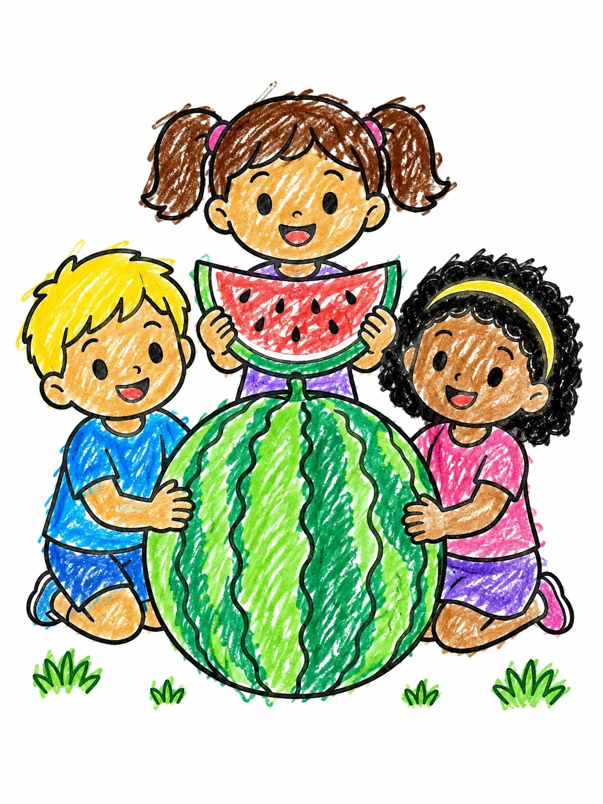 Colored example of the Happy Kids With Giant Watermelon coloring page