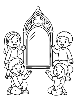 Free printable Happy Kids Around Gothic Mirror coloring page