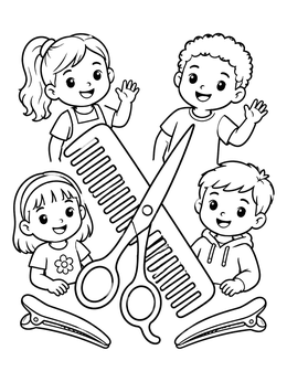 Free printable Happy Kids With Giant Hairdressing Tools coloring page