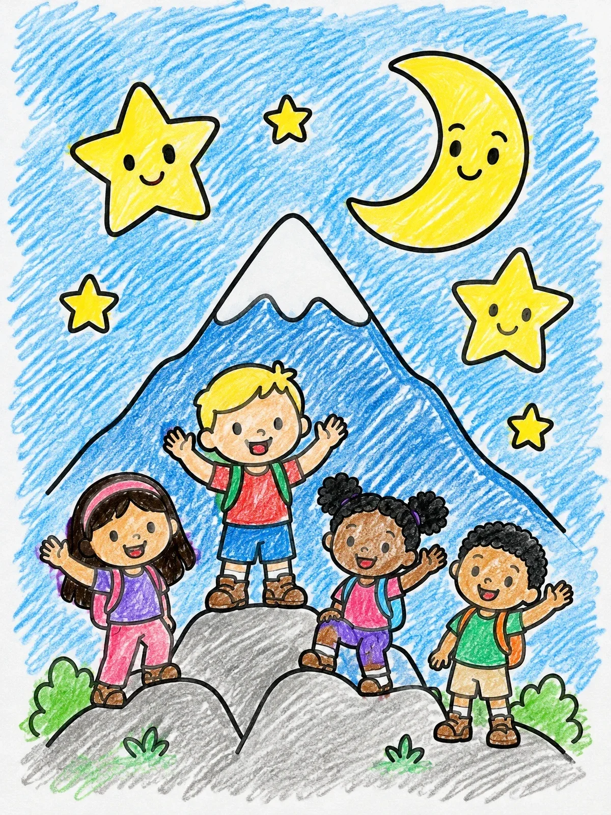 Colored example of the Happy Kids Hiking Mountain At Night coloring page