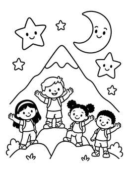 Happy children hiking under smiling stars in this mountain coloring page.