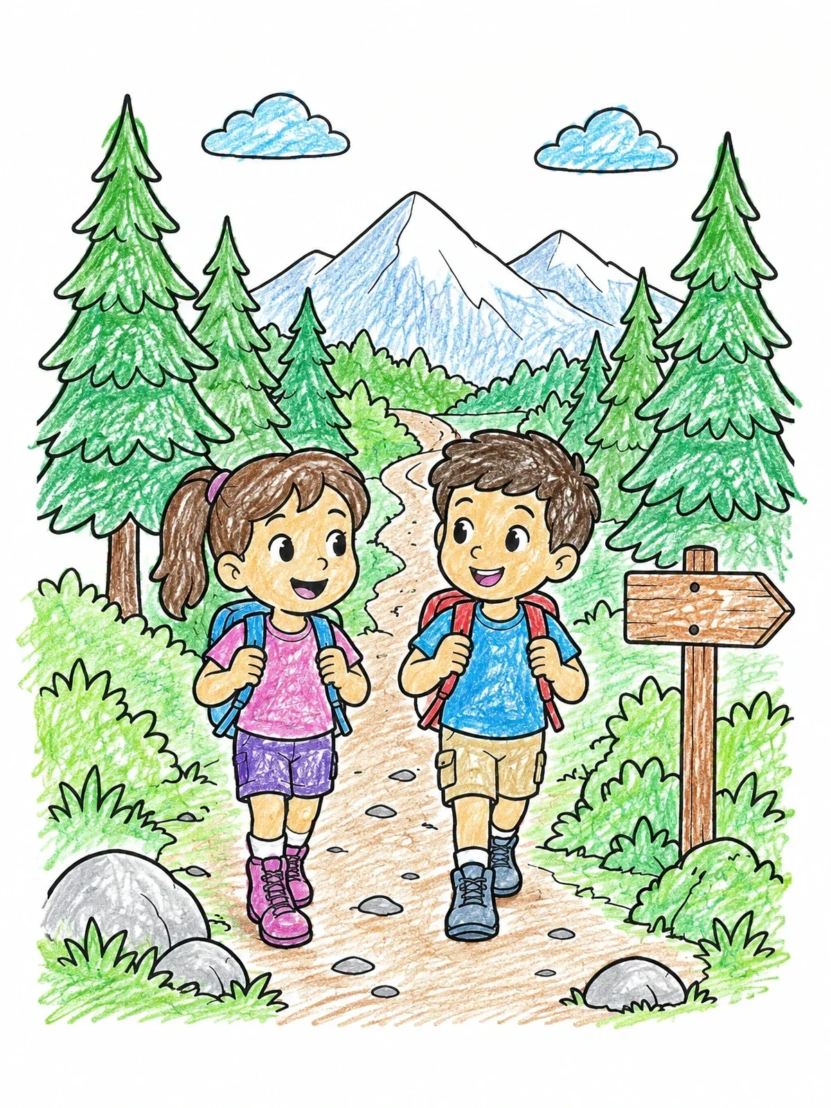 Colored example of the Happy Kids Hiking Mountain Trail coloring page