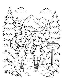 Free printable Happy Kids Hiking Mountain Trail coloring page