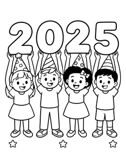 Four smiling kids hold up large 2025 numbers on this happy coloring page.