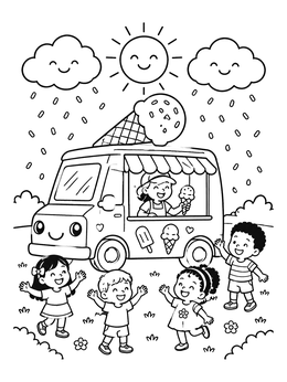 Kids gather around a cute van in this joyful ice cream truck coloring page.