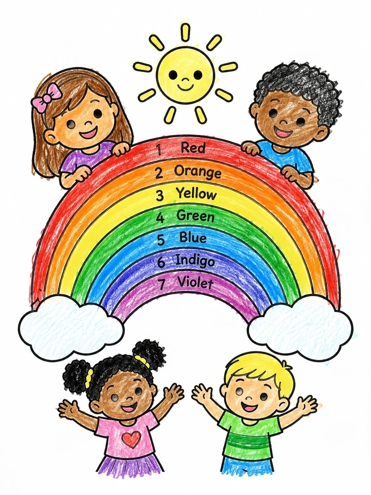 Colored example of the Happy Kids Learning Rainbow Colors coloring page