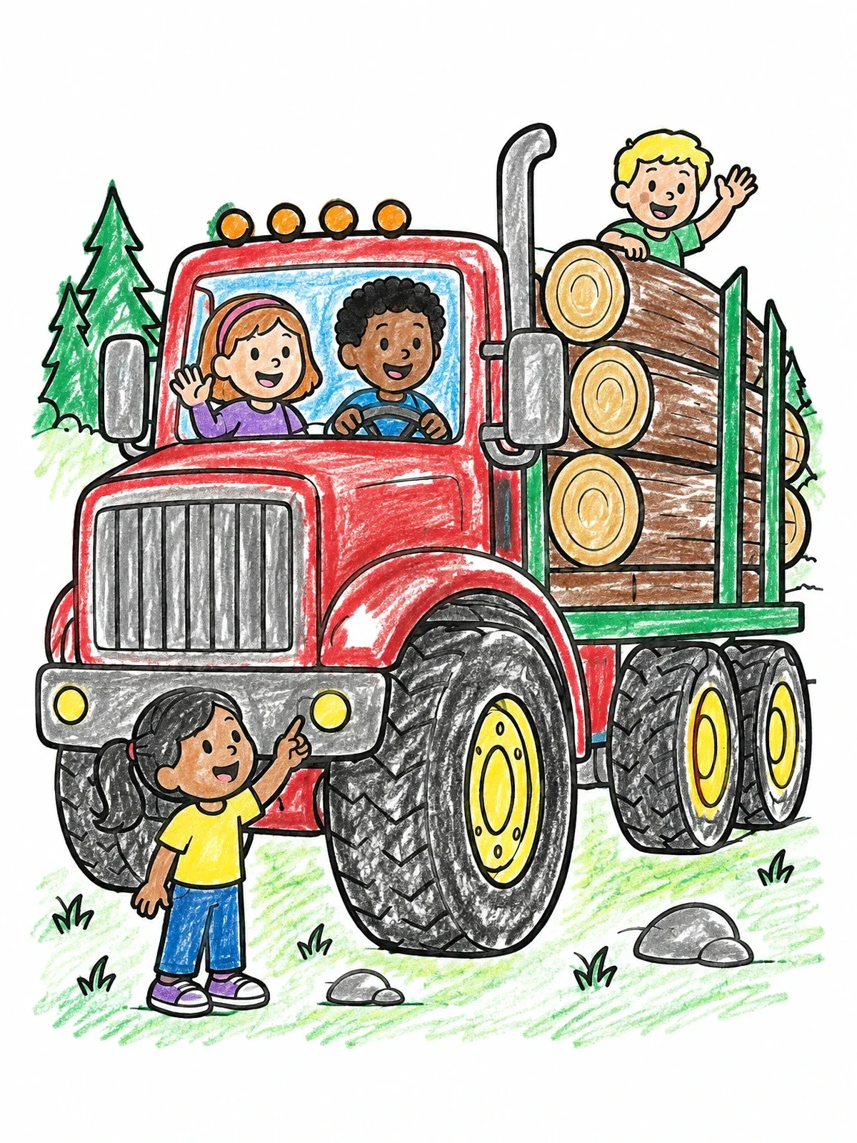 Colored example of the Happy Kids And Logging Truck coloring page