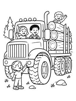 Free printable Happy Kids And Logging Truck coloring page