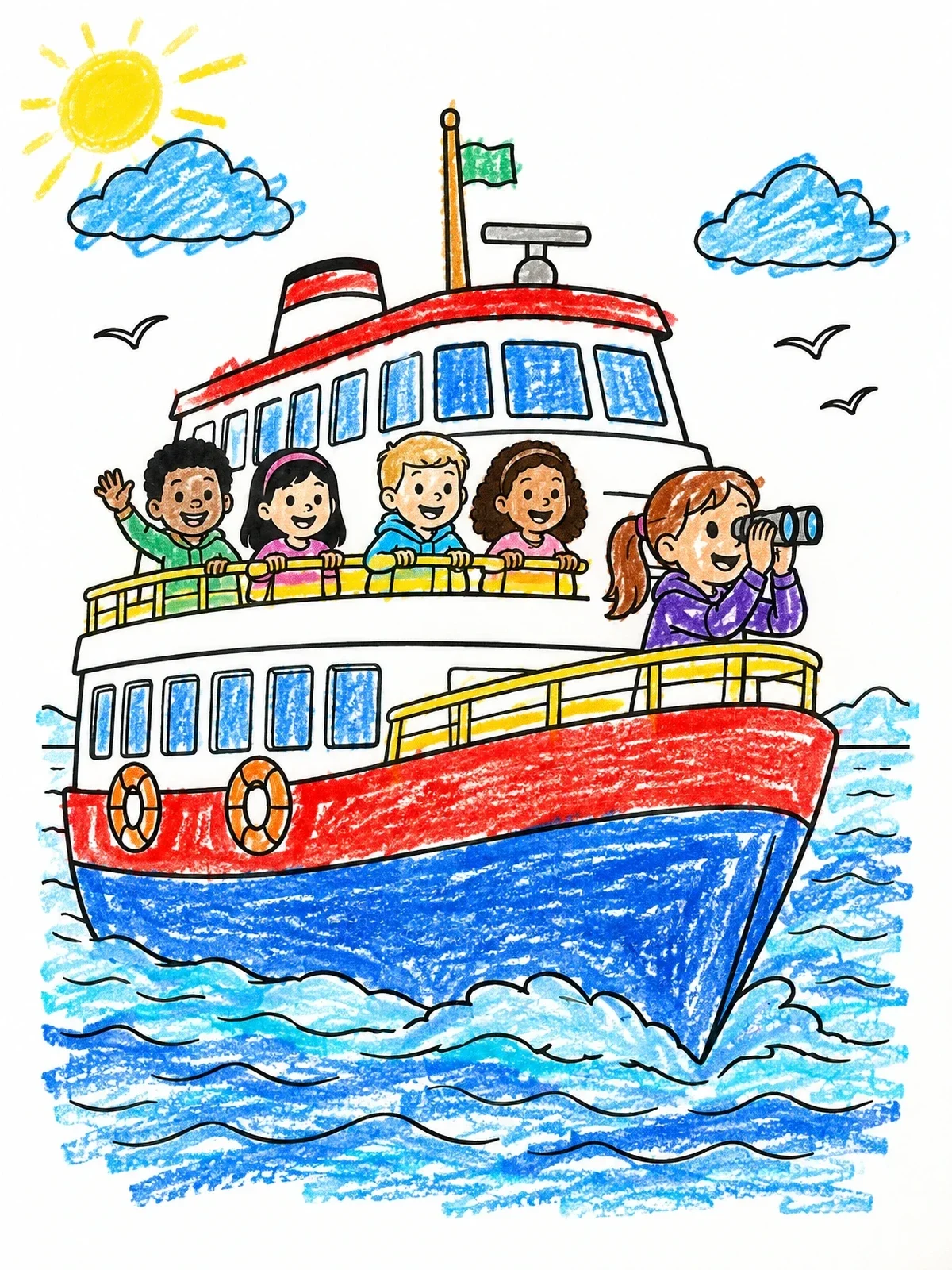 Colored example of the Happy Kids On A Ferry Boat coloring page