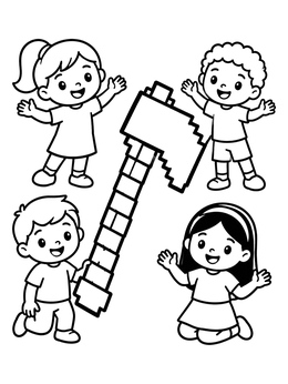 Free printable Happy Kids With Pixel Axe coloring page