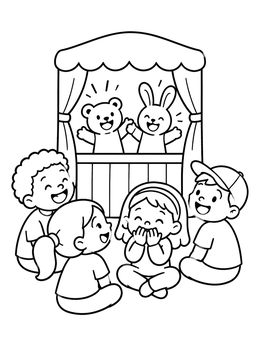 Excited children enjoy a funny performance in this joy coloring page.