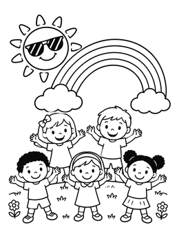 Free printable Happy Kids Under Rainbow And Sun coloring page