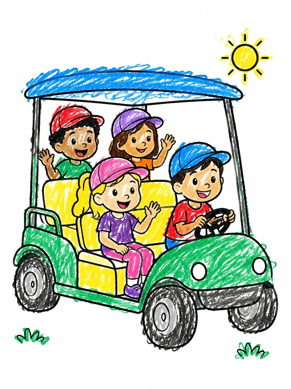 Colored example of the Happy Kids Riding A Golf Cart coloring page