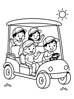 Free printable Happy Kids Riding A Golf Cart coloring page