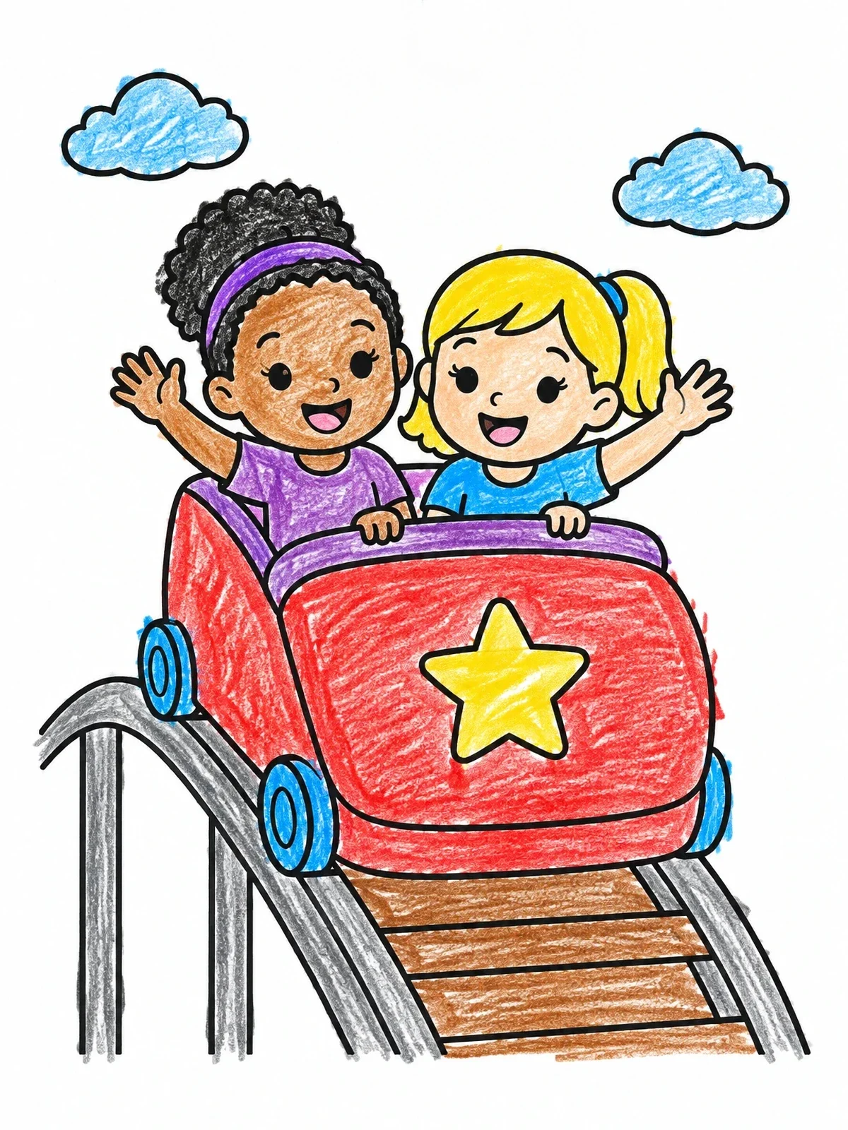 Colored example of the Happy Kids On Roller Coaster coloring page