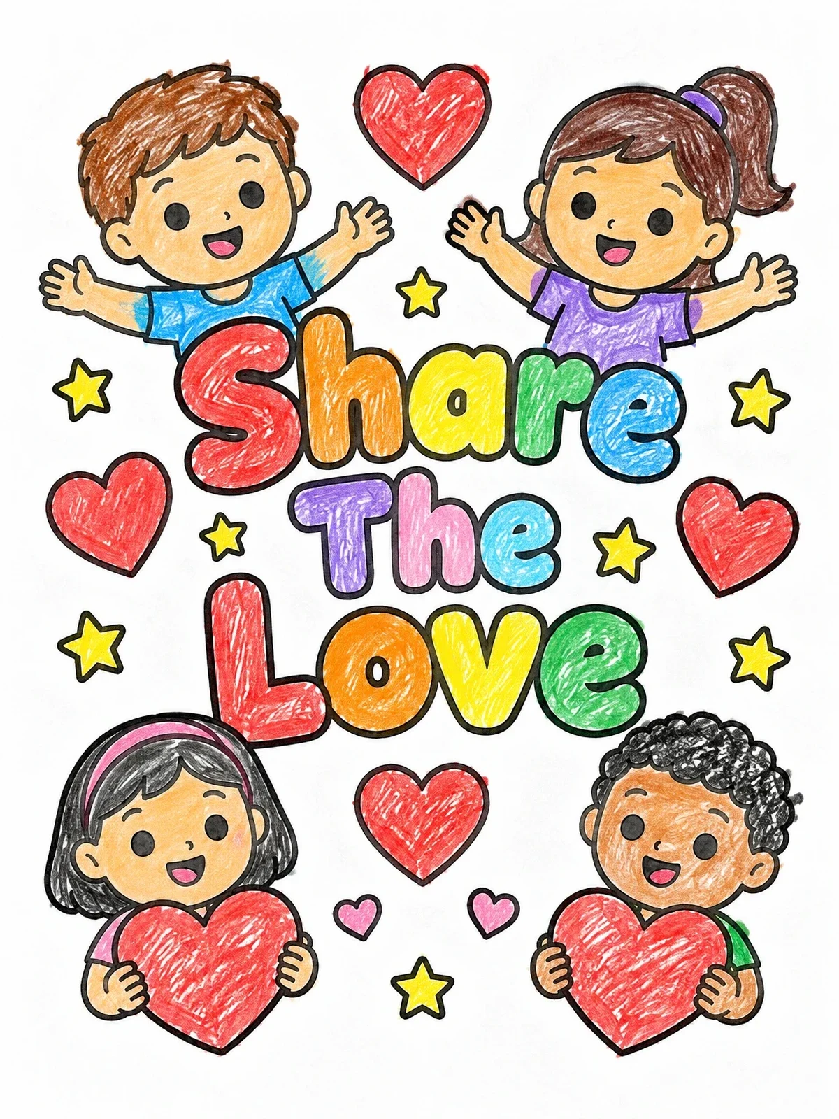 Colored example of the Happy Kids Sharing The Love coloring page