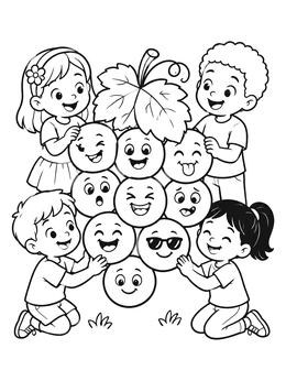 Free printable Happy Kids With Silly Grapes coloring page