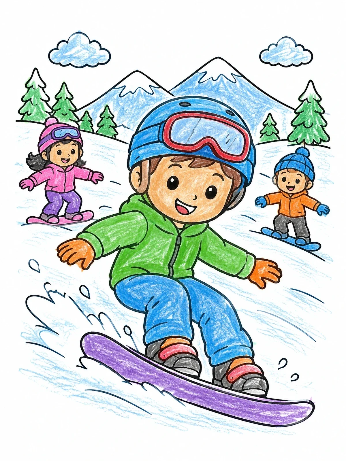 Colored example of the Happy Kids Snowboarding Down Mountain coloring page