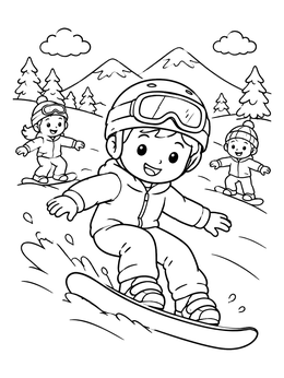 Free printable Happy Kids Snowboarding Down Mountain coloring page