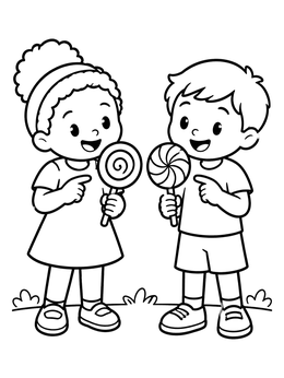 Free printable Happy Kids With Swirl Lollipops coloring page