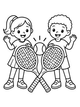 Free printable Happy Kids With Tennis Rackets coloring page