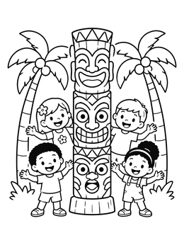 Free printable Happy Kids Around A Tiki Pole coloring page