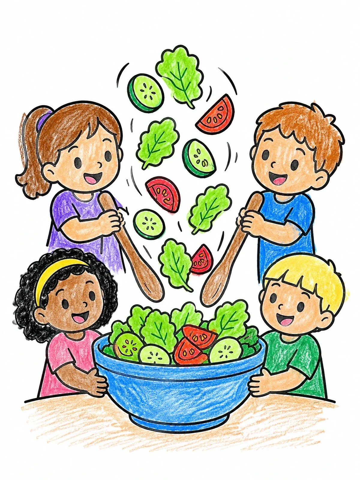 Colored example of the Happy Kids Tossing A Big Salad coloring page