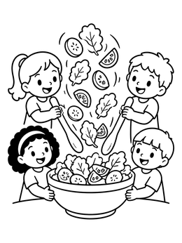 Free printable Happy Kids Tossing A Big Salad coloring page