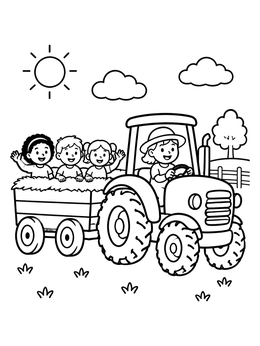 A cheerful tractor coloring page with children enjoying a sunny hayride.