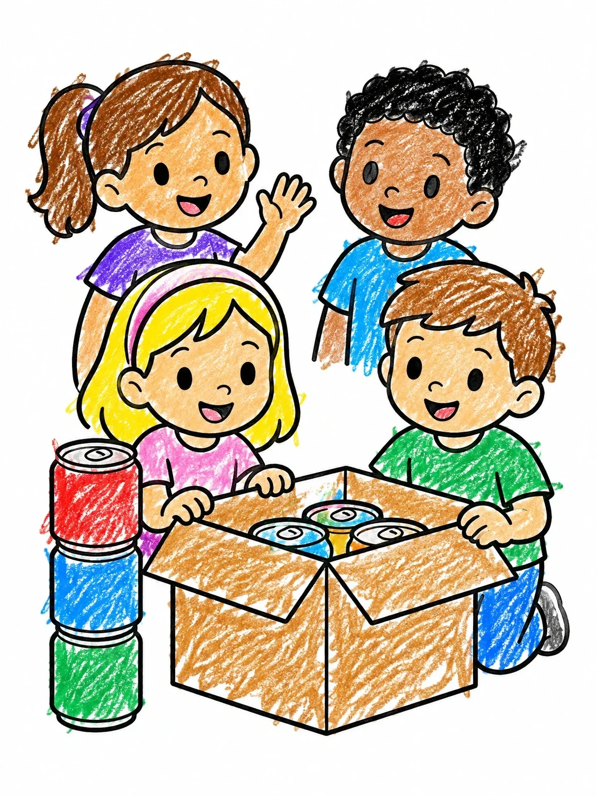 Colored example of the Happy Kids Unpacking Soda Cans coloring page