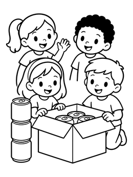 Free printable Happy Kids Unpacking Soda Cans coloring page