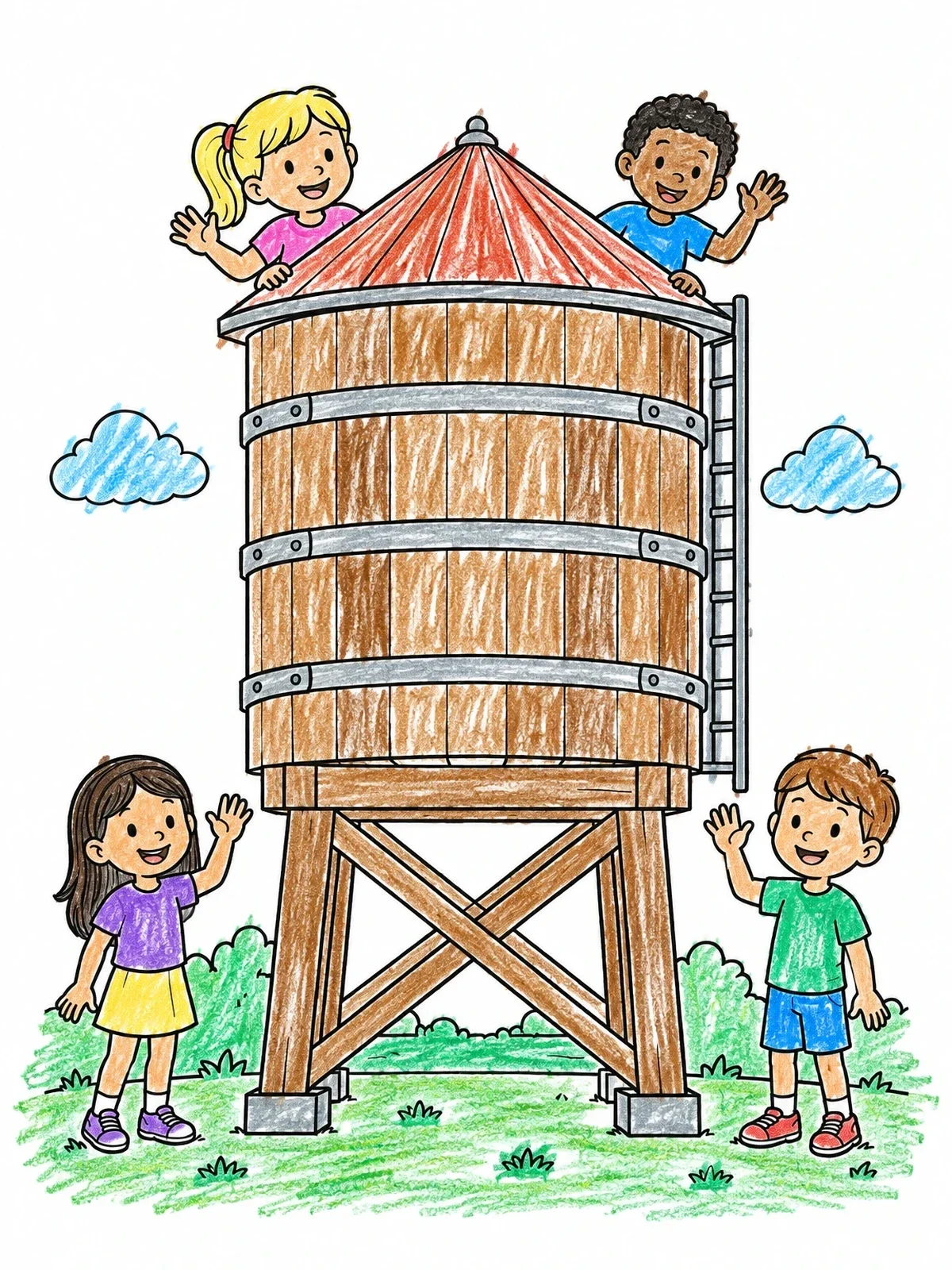 Colored example of the Happy Kids Around A Wooden Water Tower coloring page