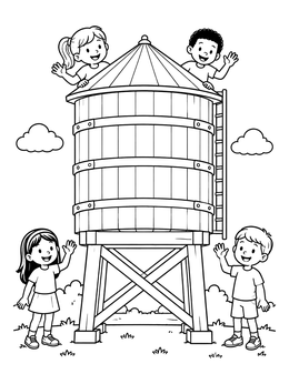 Free printable Happy Kids Around A Wooden Water Tower coloring page