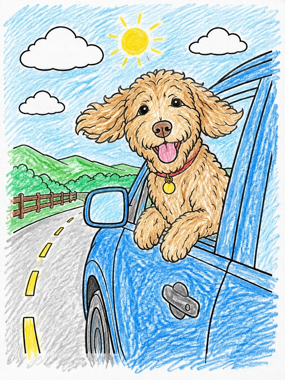 Colored example of the Happy Labradoodle On A Car Ride coloring page