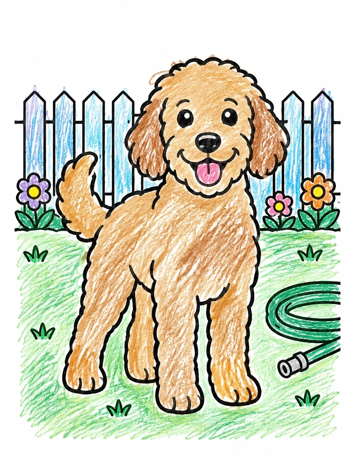 Colored example of the Happy Labradoodle In The Backyard coloring page