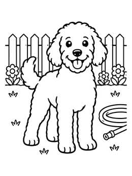 Free printable Happy Labradoodle In The Backyard coloring page