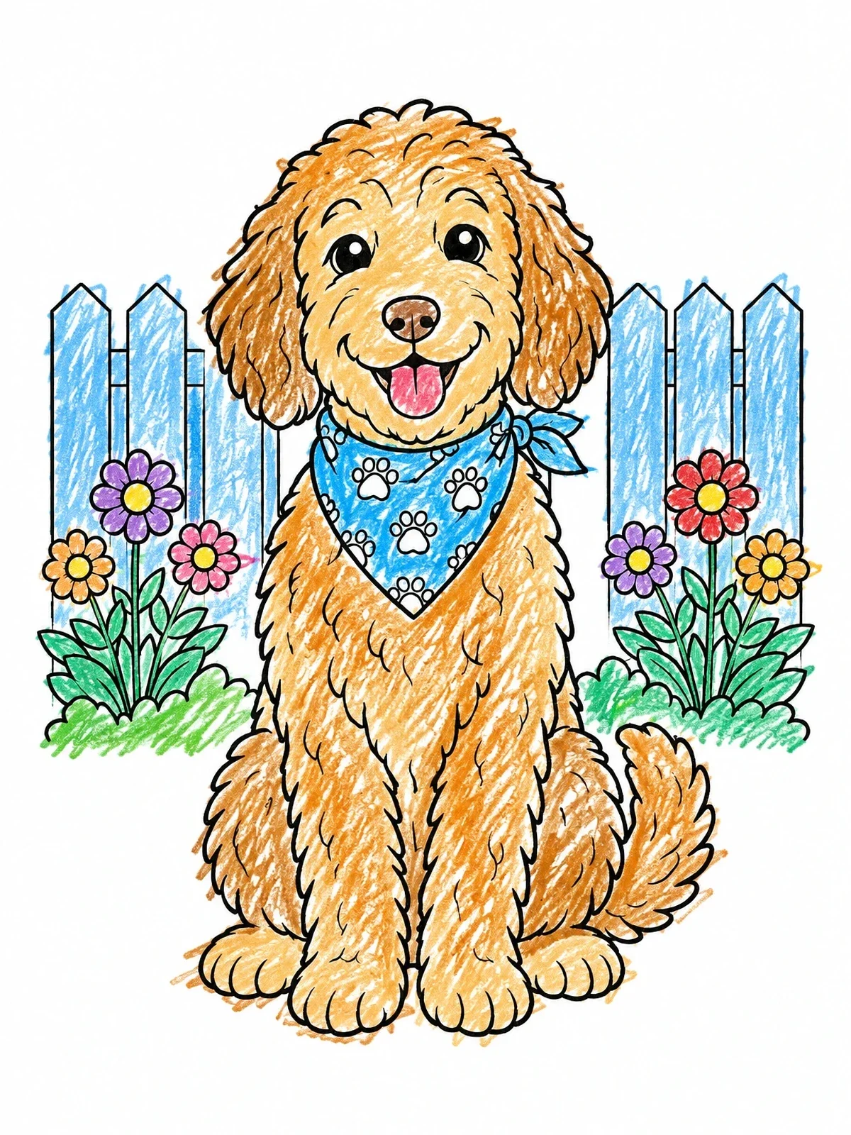 Colored example of the Happy Labradoodle In The Garden coloring page