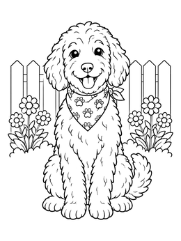 Free printable Happy Labradoodle In The Garden coloring page