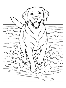 A cheerful labrador retriever coloring page running through splashing ocean surf.
