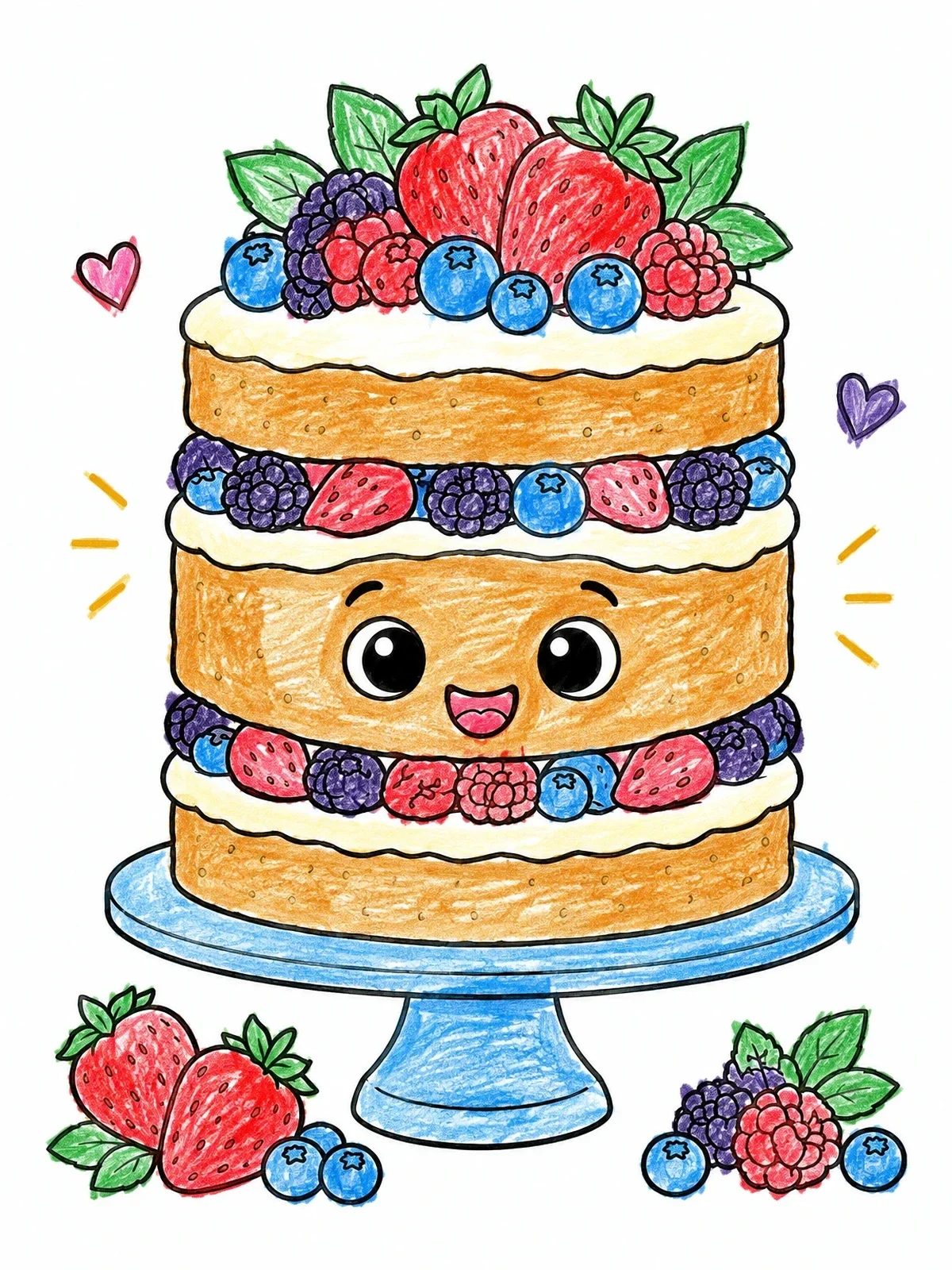 Colored example of the Happy Layered Berry Cake coloring page