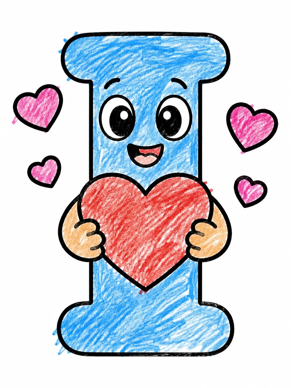 Colored example of the Happy Letter I Holding A Heart coloring page