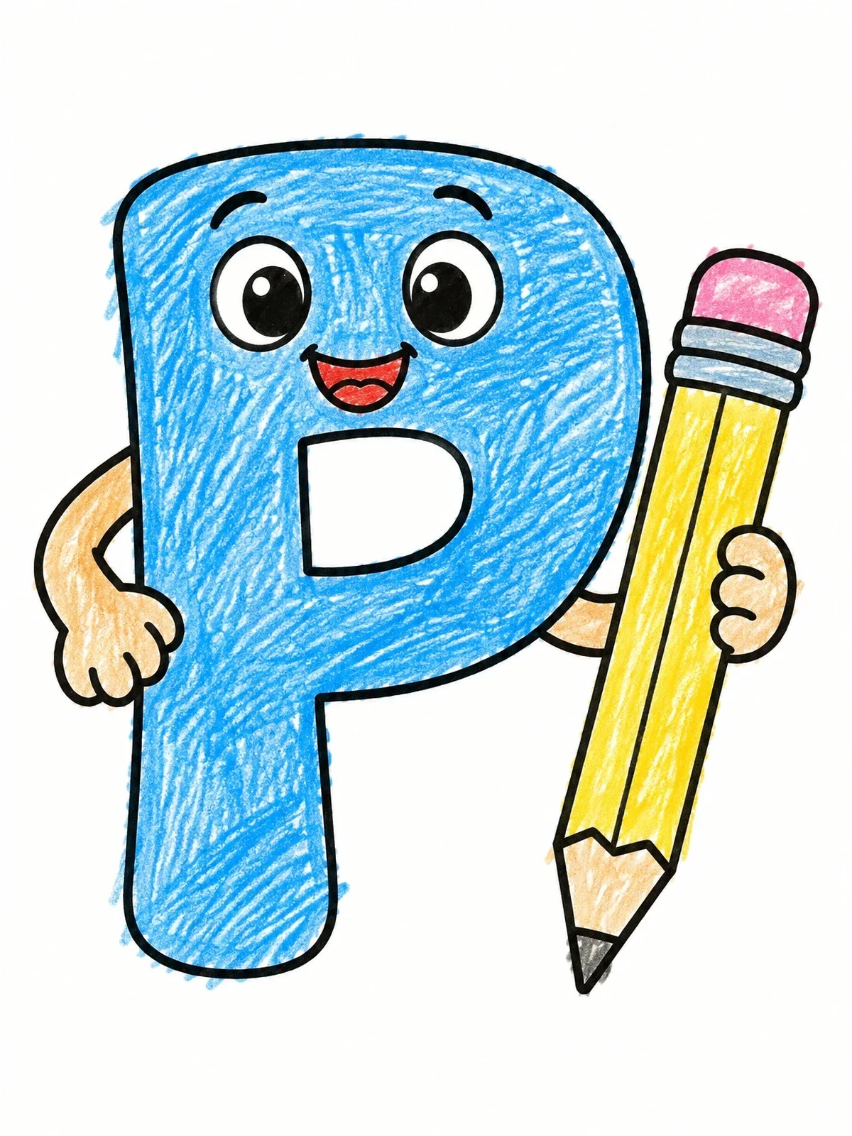 Colored example of the Happy Letter P Holding A Pencil coloring page