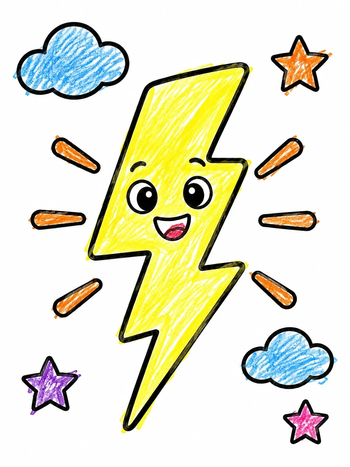 Colored example of the Happy Lightning Bolt With Clouds coloring page