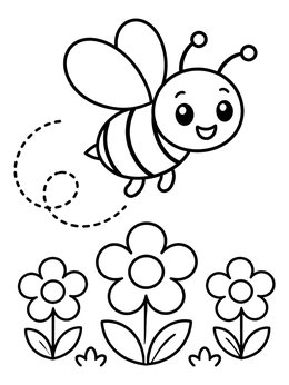 Free printable Happy Little Bee Above Flowers coloring page