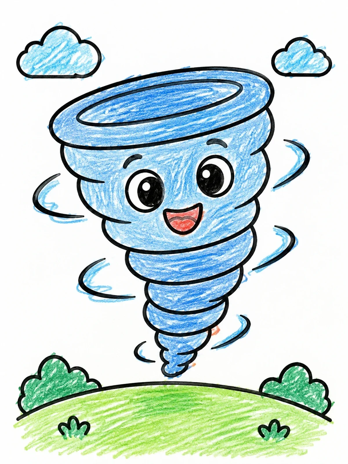 Colored example of the Happy Little Cartoon Tornado coloring page