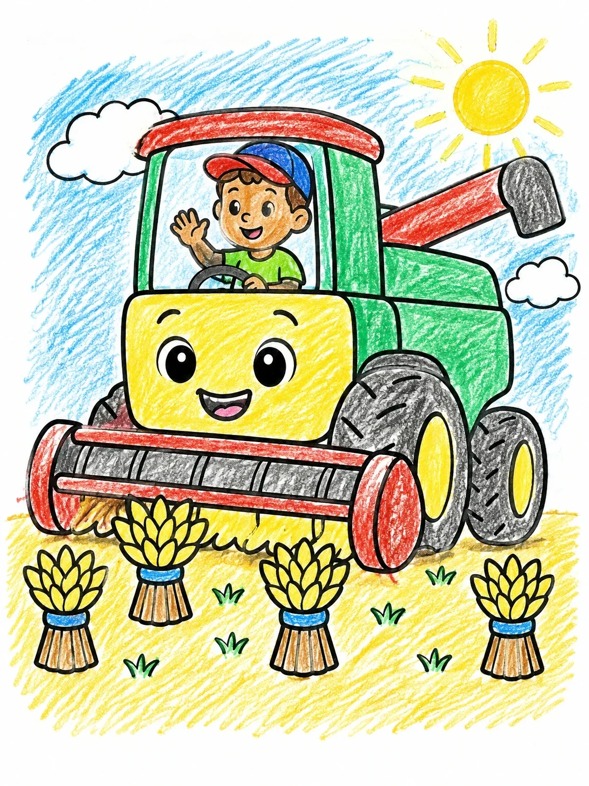 Colored example of the Happy Little Combine Harvester coloring page