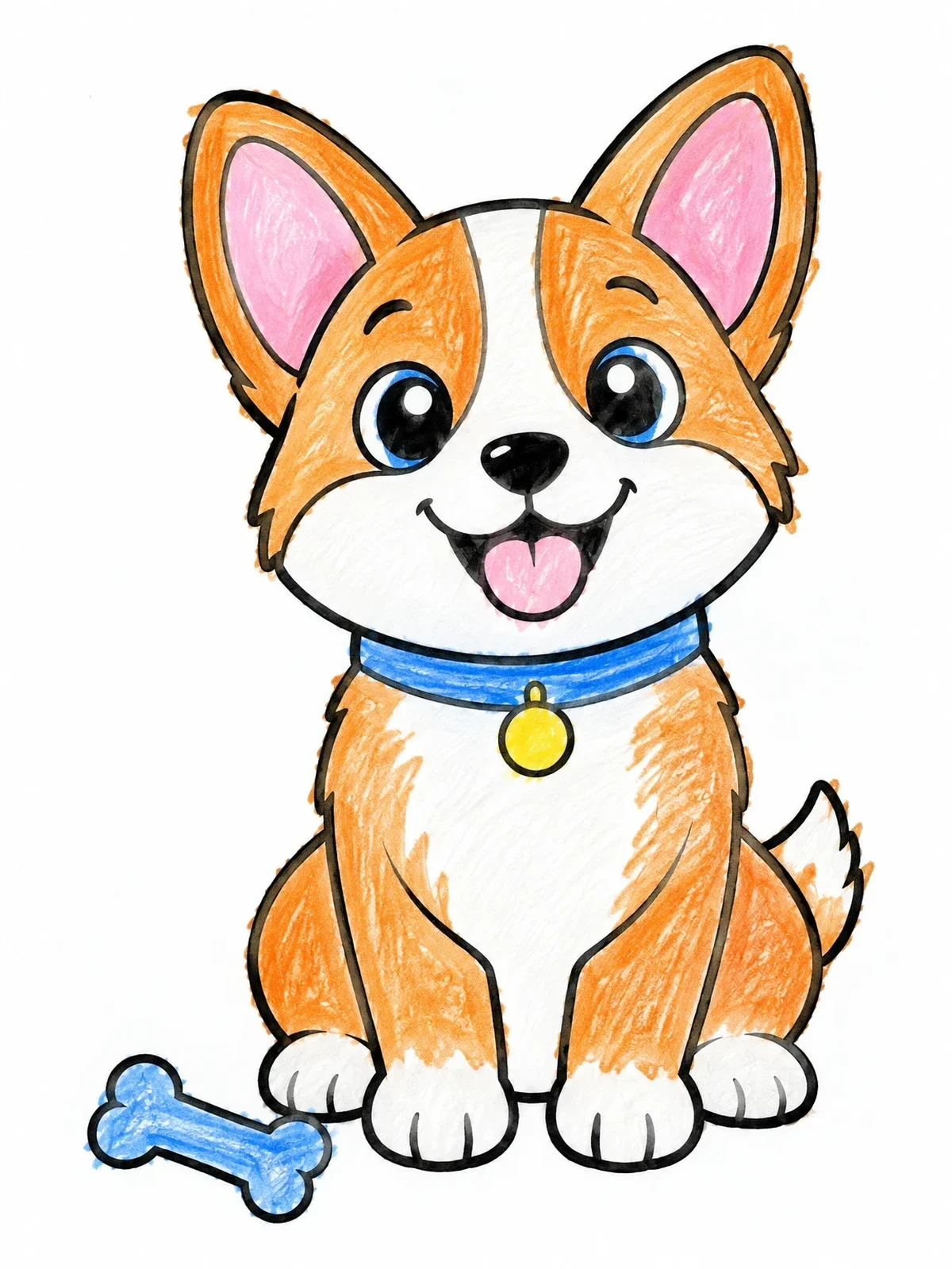 Colored example of the Happy Little Corgi With Bone coloring page
